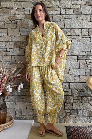 Daughter Of Ibiza Lovechild Shirring Cuff Pant Olive & Marigold Pre order 14 days